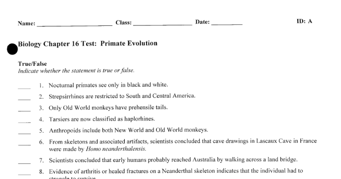 Human evolution comparing primates answer key