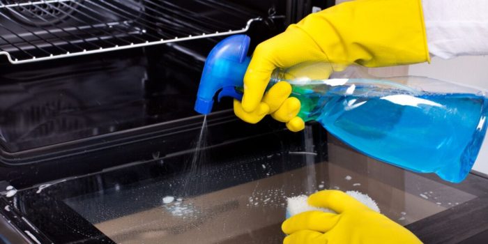 A food handler notices cleaning liquid has just been sprayed